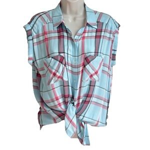 NWT Express Cap Sleeve High Low Plaid Button Down Top Blue Red M Lightweight